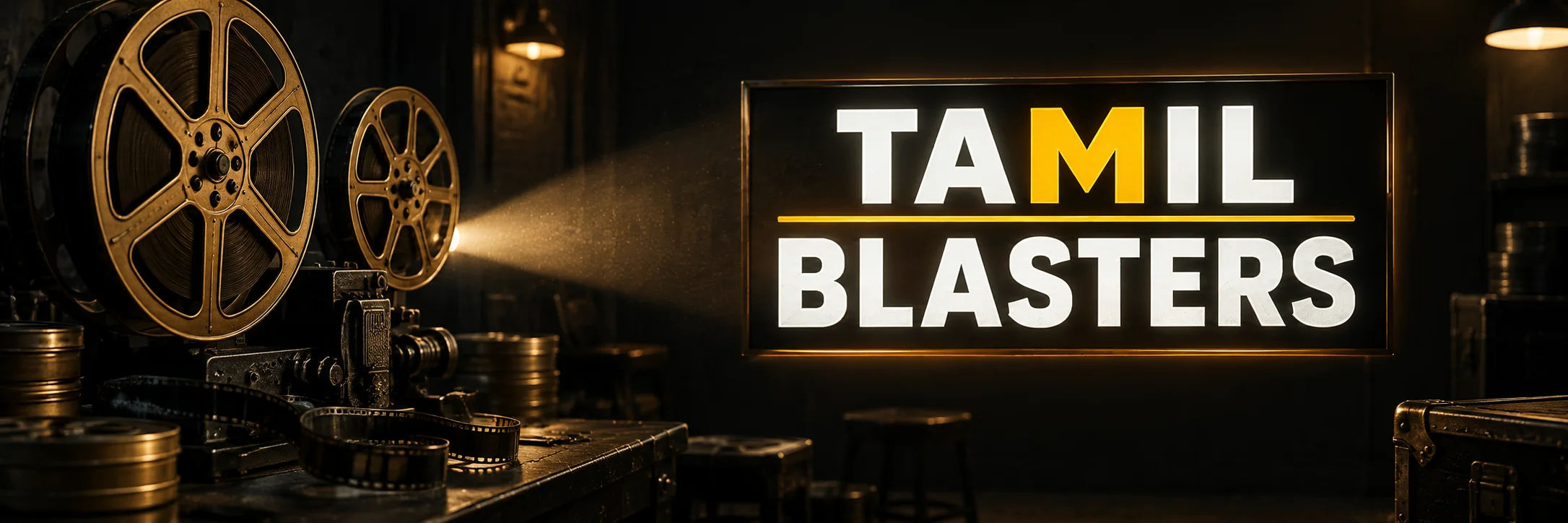 Tamilblasters in white and yellow lettering beside a gold film projector